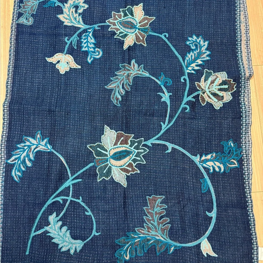 Charter Club Blue and Gray Scarf with Elegant Embroidery